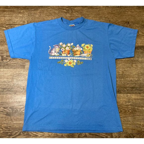 Fruit of the Loom Tops - Vintage Y2K 2000 Pixelated Kittens Graphics T-shirt By Joan A Elliot Blue Size L